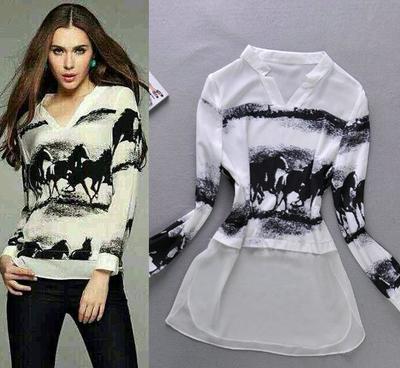 歐洲站明星走秀同款馬圖案V領(lǐng)長袖拼接時(shí)尚真絲小衫T553